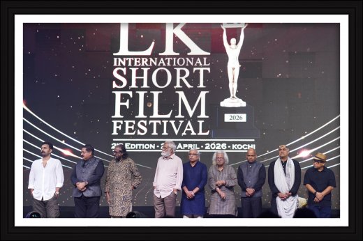 Rajesh Puthanpurayil with Kamal , Adoor Gopalakrishnan and Philip Cheah on stage at LKIFF 2026